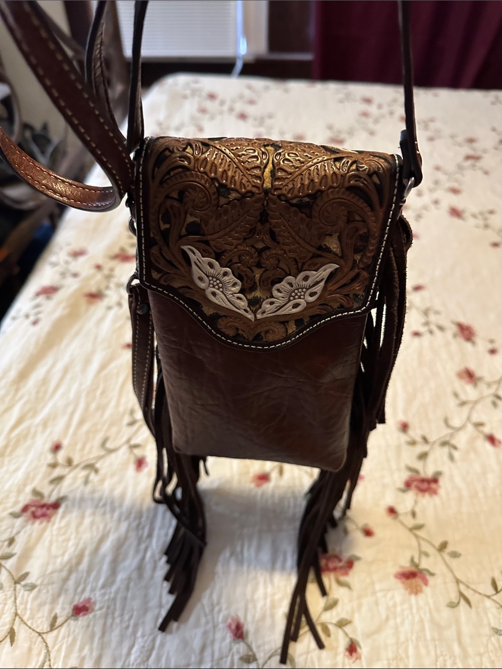 Brown Tooled Leather Fringe Crossbody Bag with Floral Accent